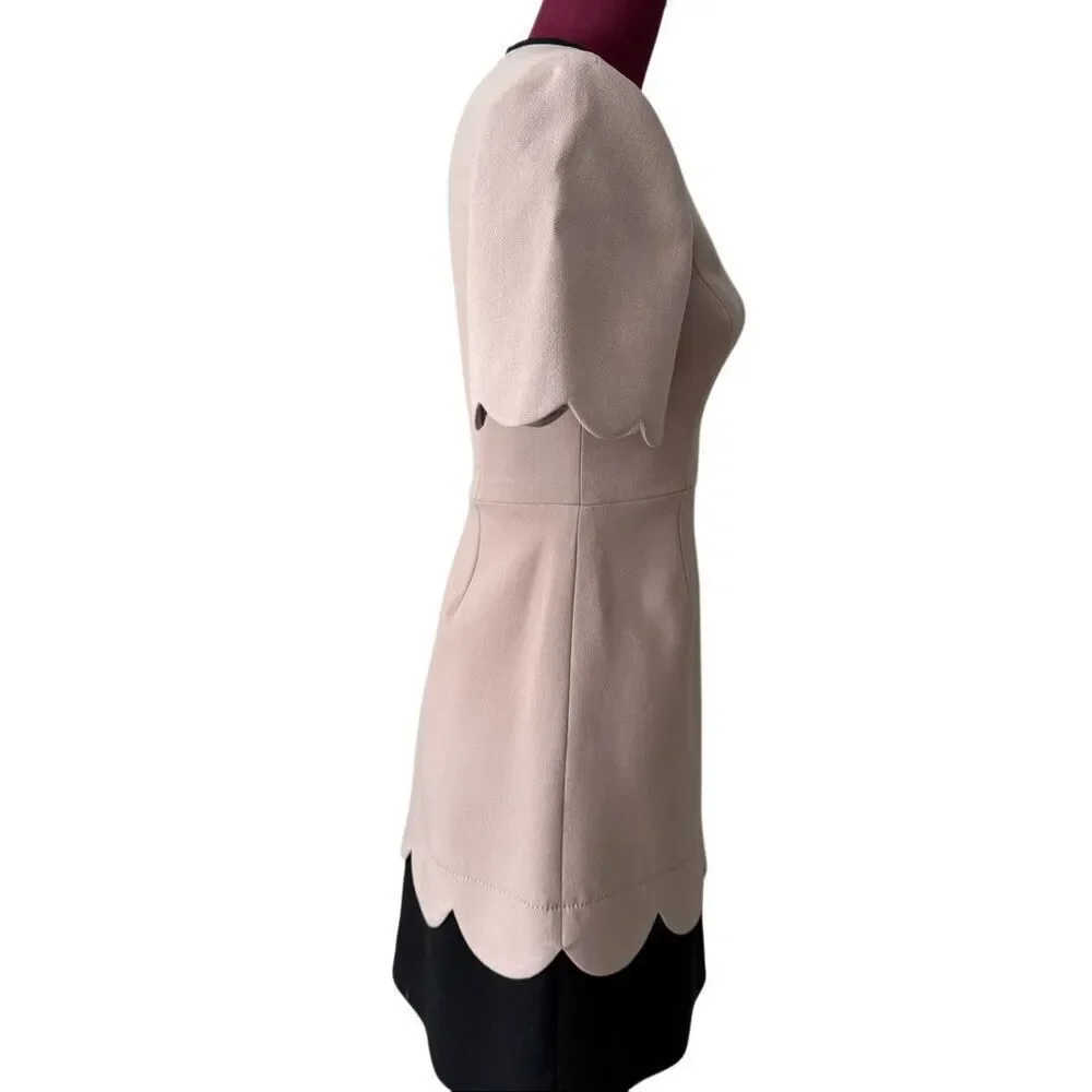Kate Spade Mini Dress‎ Sponge Crepe Scallop Short Sleeve Mushroom Tan Black size
